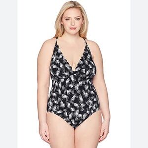 La Blanca Black White Crossback Palm Print One-Piece Swimsuit NWOT  sz 22W